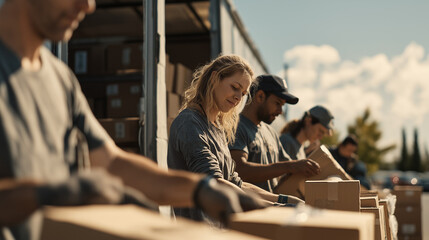 Team of diverse logistics workers organizing cardboard boxes for shipping from a truck. Concept of teamwork and supply chain.
