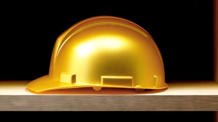 Bright yellow hard hat resting on a wooden shelf, showcasing safety equipment in a minimalist setting, emphasizing construction and industrial themes for workplace safety