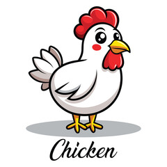 Adorable cartoon white chicken with big eyes and red comb and wattle standing on a shadowed ground with the word chicken below
