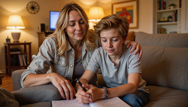 Caring mother assisting son with homework at home in cozy living room  