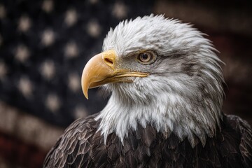 Fototapeta premium Majestic Bald Eagle Against the Iconic American Flag: A Symbol of Patriotism in the United States