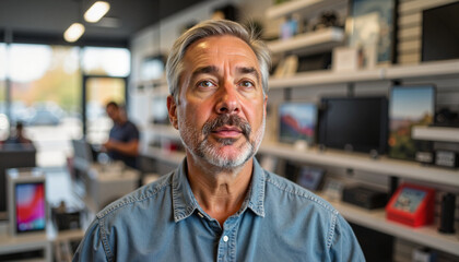 Obraz premium Middle-aged man talking inside electronics store with background shelves 