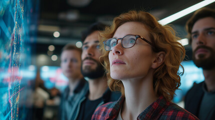 A diverse team of innovative professionals analyzing complex data on a futuristic holographic display, strategizing for future growth.