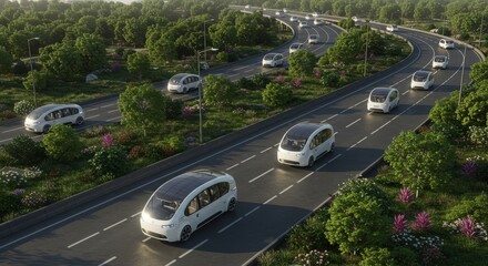 Fleet of autonomous electric vehicles navigates a scenic highway surrounded by lush greenery