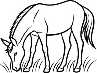 Mule eating grass, grazing animal silhouette, farm livestock line art, rural scene vector, minimal nature illustration