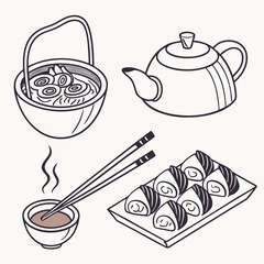A vintage vector set illustrating Japanese food icons and breakfast beverages like coffee and tea cups
