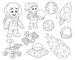 Space Adventures: Astronaut Kids, Rocket, Planets, and Rover Line Art