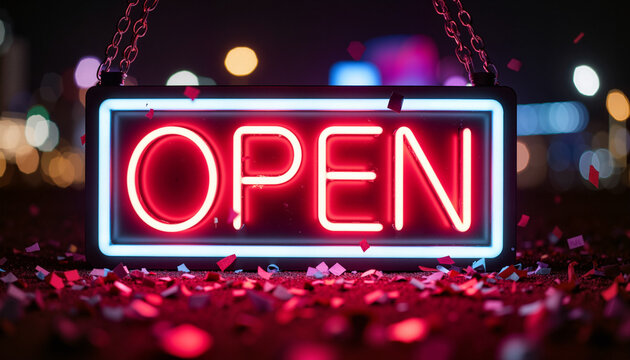 Neon open sign illuminated at night with colorful confetti background  