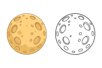 Cartoon drawing of a moon with craters, one colored and one black and white.