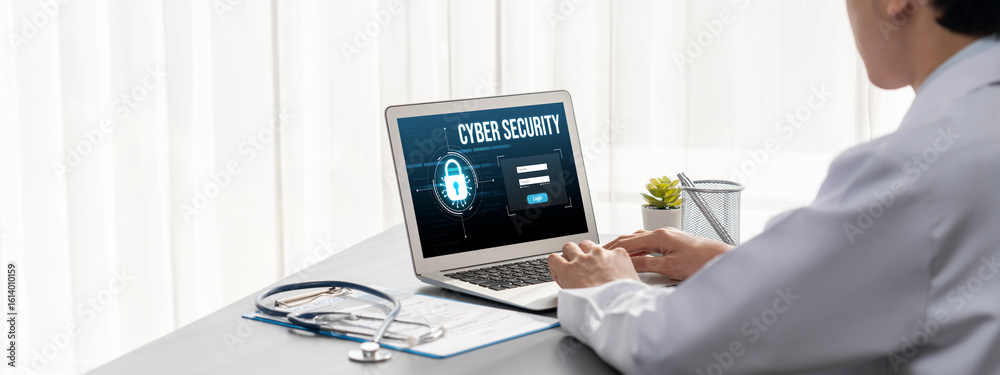 Poster cyber security system on computer screen protect private information brisk from hacker and cyber att