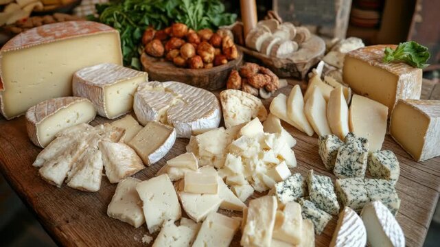 A variety of cheeses displayed on a wooden table, perfect for a food or wine related context