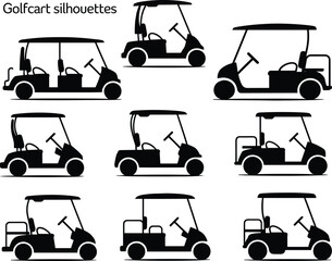 Golf cart silhouettes collection, various electric vehicle shapes, side view vector illustration, transport for golf course, minimal black design © Earshad Creative