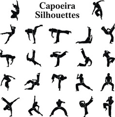 Capoeira silhouettes collection, Brazilian martial arts dance movements, fight poses vector illustration, acrobatic training action, cultural combat sport icons