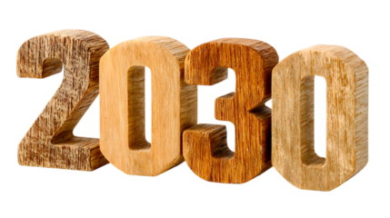 Bold 3D Wooden 2030 Numbers Standing Side by Side Carved from Different Shades of Polished Timber