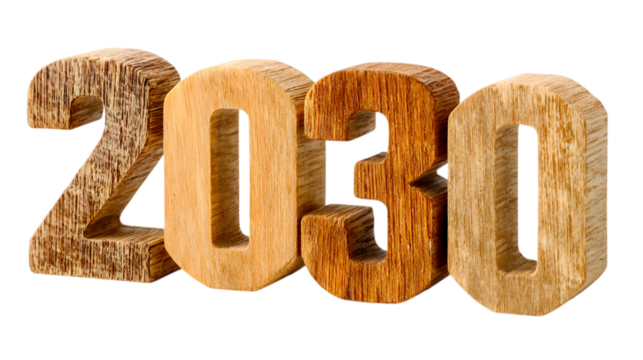 Bold 3D Wooden 2030 Numbers Standing Side by Side Carved from Different Shades of Polished Timber