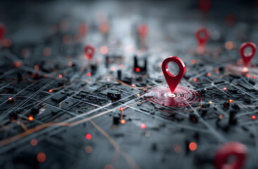 Map with multiple red location pins. City map shows routes, destinations. GPS technology, route planning concept. Innovation in transport logistics. New address location, pinpoint navigation. Future