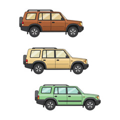 Three Colorful Cartoon SUV Cars in Brown Beige and Green on White