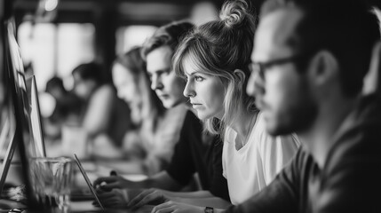 Black and white profile view of a dedicated team of professionals working diligently on computers in a row at the office