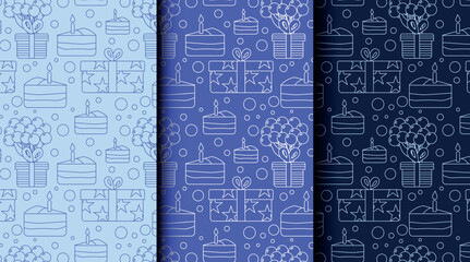 Set of seamless outline patterns for birthday and party themes in blue monochrome. Perfect for wrapping paper, invitations, cards, and festive packaging