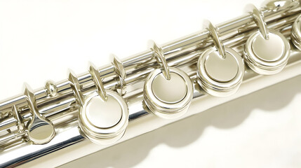 Fototapeta premium Close-up of a silver flute's key mechanism. Keys, rings, and body of a flute are highlighted in detailed view