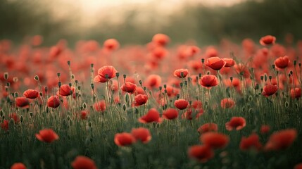 Fototapeta premium A field of vibrant red poppies at sunrise.