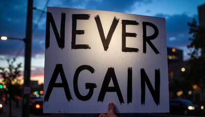 Protester holding sign reading "Never Again" at evening rally  