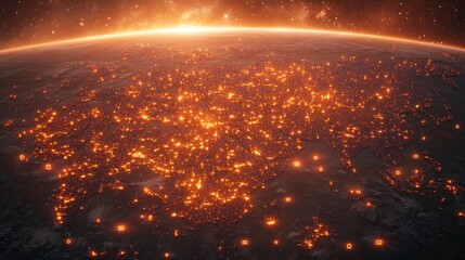Naklejka premium A stunning view of Earth with illuminated cities and a fiery atmosphere.