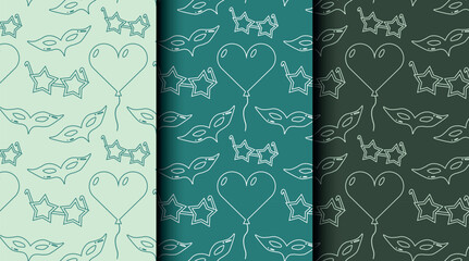 Set of seamless outline patterns for birthday and party themes in green monochrome. Perfect for wrapping paper, invitations, cards, and festive packaging