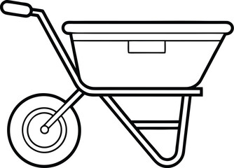Wheelbarrow silhouette drawing, garden tool line art, construction cart vector, minimal equipment icon, farming illustration design