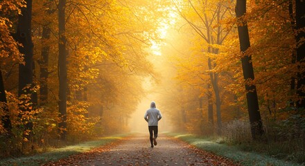 Man jogging in a sunlit autumn forest path, golden leaves, misty morning, healthy lifestyle, back view
