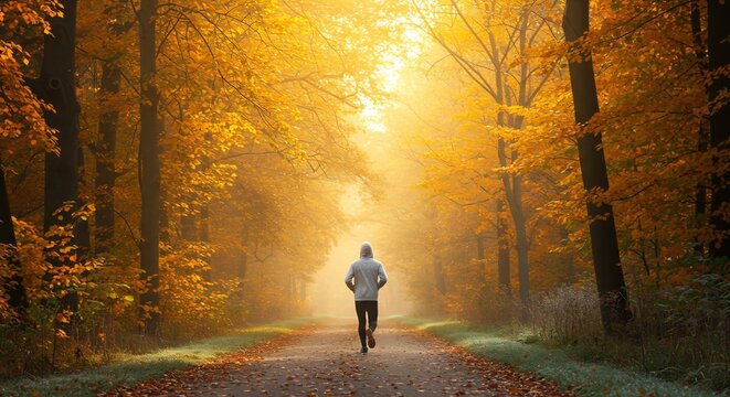 Man jogging in a sunlit autumn forest path, golden leaves, misty morning, healthy lifestyle, back view