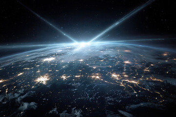 Earth from space with radiant light explosion and energy streams, conceptual futuristic global network background, science fiction big bang and cosmic power visualization

