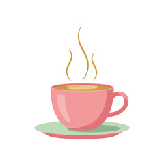 Pink Coffee Cup with Steam on Saucer Isolated Vector Illustration