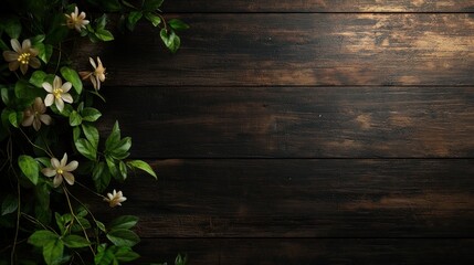Dark wood background adorned with delicate white blossoms and lush green foliage.