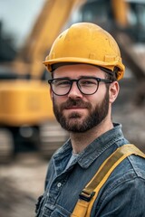 Construction engineer in yellow hard hat and glasses overseeing heavy machinery at job site