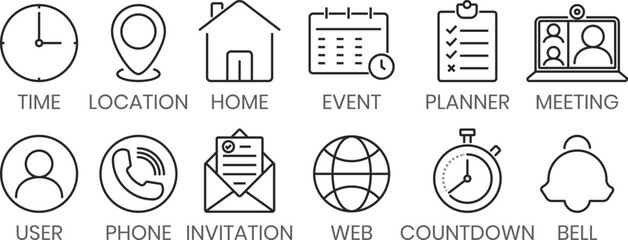 Event Icon Set, Date, Time, Place, Planner and Appointment, Check List Icon