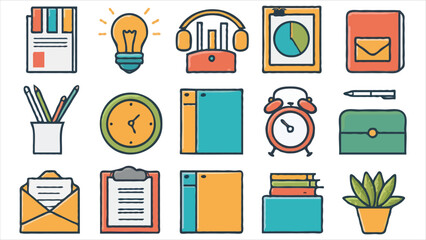 Colorful Stationary and Office Supplies Illustration Collection A Vibrant Assortment of Essential Tools and Decorative Items for Productive Work and Creative Endeavors