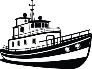 Tugboat silhouette drawing, marine vessel line art, harbor boat vector, nautical transport icon, minimal ship illustration