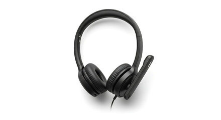 Fototapeta premium A centered image of a black headset with a microphone on a plain white background studio shot ai generated