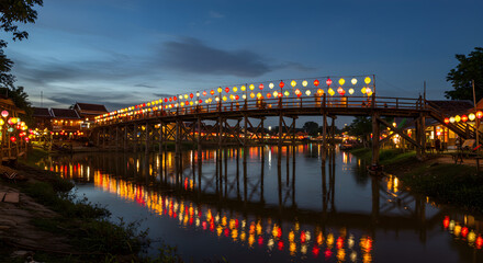 Colorful Lanterns Light Up Old Wooden Bridge at Dusk
