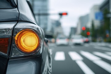Urban Driving Scene: Vehicle Left Turn Signal Illuminated at a Busy Road Intersection