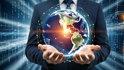 Businessman holding glowing planet Earth with digital network connections symbolizing global connectivity technology and innovation in a futuristic 4K Ai HD video.
- Powered by Adobe