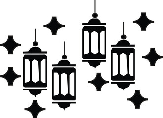 Minimalist black silhouette illustration of four hanging Islamic lanterns with subtle star details. Elegant design for Ramadan Kareem, Eid, or festive decorations.