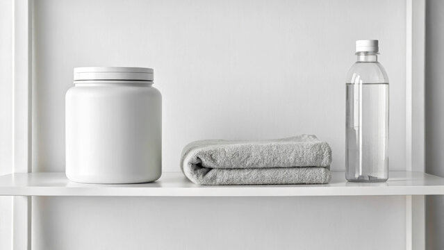 A white shelf holds a large container of protein powder, a folded towel, and a clear water bottle