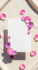 A blank white card surrounded by scattered pink rose petals on a light fabric surface with soft shadows.