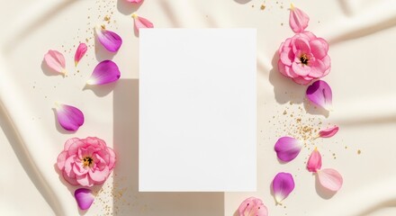 A blank white card surrounded by delicate pink rose petals and a full pink rose on a soft beige fabric background with sprinkled gold glitter.