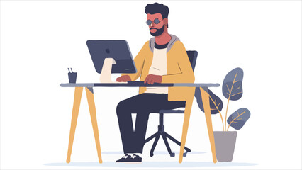 Illustration of a Bearded Man Working from Home at a Computer Desk with a Plant in the Background in a Minimalist Cartoon Style