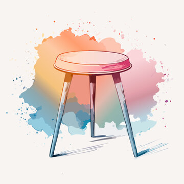 Artistic watercolor illustration of a simple round stool with colorful splayed legs.