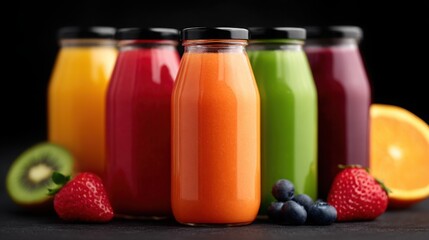 A row of fruit juice bottles with a blueberry and strawberry on the right