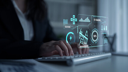 Charging interface for electric vehicles showing real-time battery level, charging status, power output, station location, and navigation for efficient energy management Latch